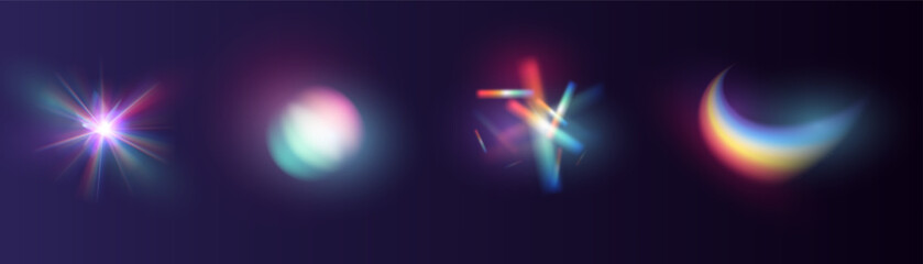 Iridescent crystal leak glare reflection effect. Optical rainbow lights, glare, leak, streak overlay. falling confetti. Vector colorful vector lenses and light flares with transparent effects.