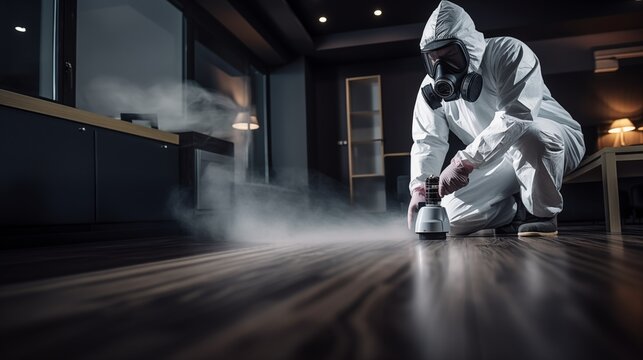 Pest control service guy sprays poisonous gas on the floor of contemporary apartment in a mask and a white protective suit
