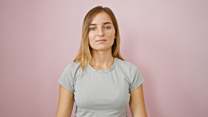 Artistic portrait of a serious young caucasian woman with blonde hair, standing relaxed but full of expression and concentration over an isolated pink background wall, radiating pure beauty - Powered by Adobe