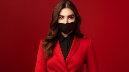 Closeup photo of pretty charming business lady workaholic company seo work in spite of quarantine wear formalwear jacket suit protective mask isolated red background, ai technology - obrazy, fototapety, plakaty