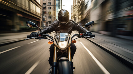 A motion bur effect photograph of biker riding a motor bike fast through a streel in a city at night   