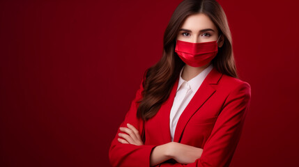 Closeup photo of pretty charming business lady workaholic company seo work in spite of quarantine wear formalwear jacket suit protective mask isolated red background, ai technology