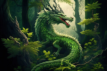 Green dragon in the forest, Year of the Dragon, fantasy illustration, Generative AI