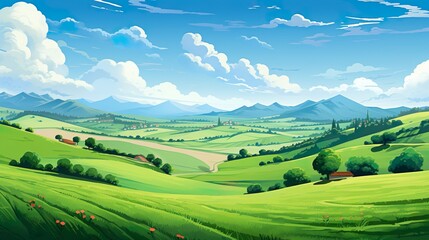Illustration of green hills view with blue gradient sky. Green landscape abstract wallpaper. Dark and bright Green colours.