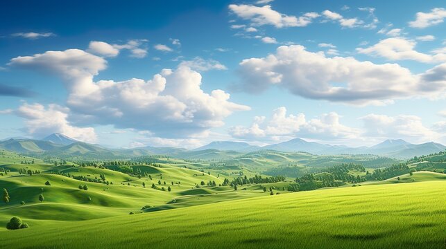 Illustration of green hills view with blue gradient sky. Green landscape abstract wallpaper. Dark and bright Green colours.