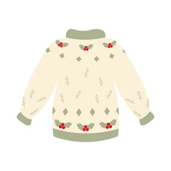 Ugly Christmas sweater. Knitted winter jumper with New Year's ornaments and decorations. Festive design for invitation, banner, greeting cards, posters