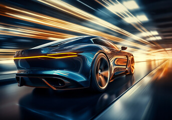Fototapeta premium Elegant and luxurious car, on a street at night, with motion blur. AI generated