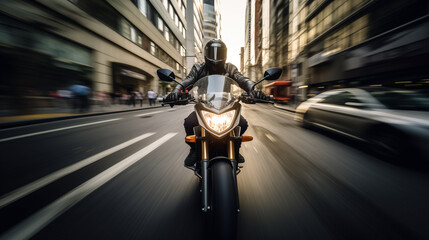 A photograph with motion blurred background, of a Biker riding a bike through a street in busy city in day time    
