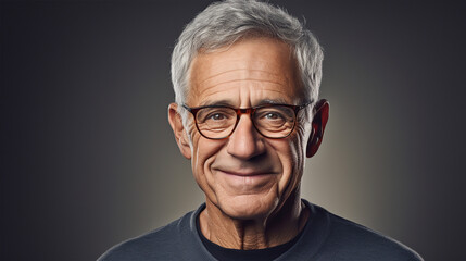 Obraz premium Close Up Portrait of a Cheerful Senior Man with Gray Hair Wearing Glasses, ai technology