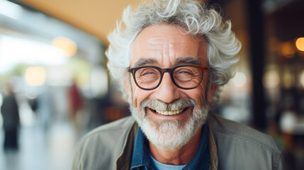 Close Up Portrait of a Cheerful Senior Man with Gray Hair Wearing Glasses, ai technology