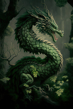 Ancient green forest chinese dragon, dark forest background, Year of the Dragon, fantasy illustration, Generative AI