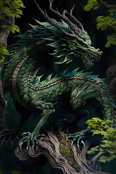 Ancient green horned forest dragon on the tree, chinese dragon, dark background, Year of the Dragon, fantasy illustration, Generative AI