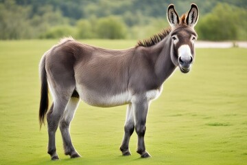 a high quality stock photograph of single laughing satisfied happy donkey full body isolated on a white background