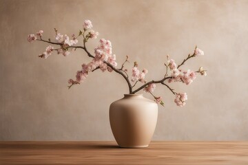 Fototapeta premium Blooming branch in ceramic vase on wooden table against beige stucco wall with copy space. Home interior background of living room