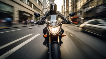 A photograph with motion blurred background, of a Biker riding a bike through a street in busy city...
