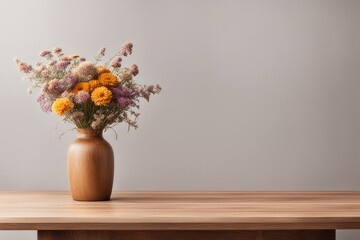 Wooden table with vase with bouquet of dried flowers near empty, blank wall. Home interior background with copy space