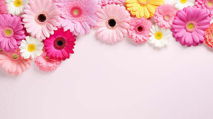 Beautiful gerbera flowers on white background, top view