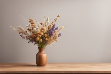 Wooden table with vase with bouquet of dried flowers near empty, blank wall. Home interior background with copy space