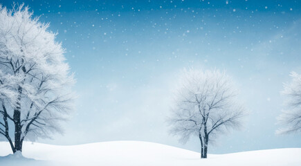Winter background of snow and frosted trees. Copy space. AI generative