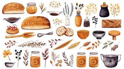 Baguette, cutting board and rolling pin. Rustic kitchen utensils, bakery, homemade food. Isolated objects on a white background. Watercolor drawing in classic style, painting. Icons, elements for menu