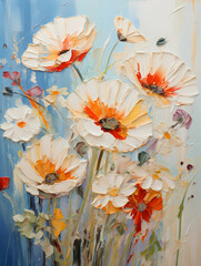 A Painting Of Flowers On A Blue Background - Oil painting poppy dandelion daisy flowers in fields