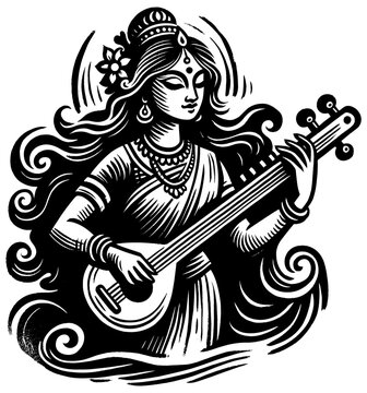 Indian Girl Playing Guitar Linocut