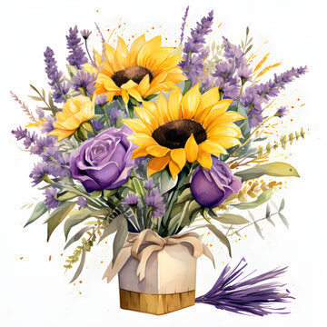 Lavender, lilly, rose, sunflower, Flowers, Watercolor illustrations