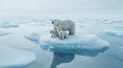 Polar bear mother with cubs on ice