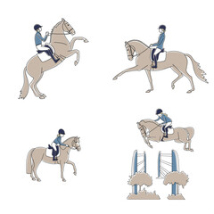 Set of different riders on horseback, dressage, show jumping, hobbies, children's sports