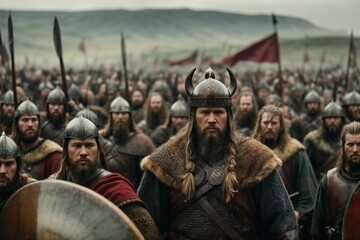 Huge group of medieval warriors in armor and fur are ready for battle in a field under a cloudy sky