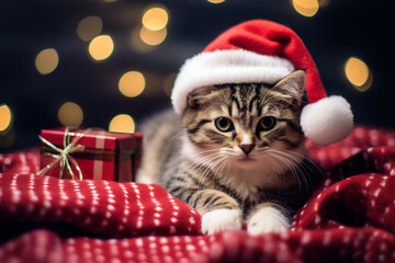 Obraz na płótnie Canvas Cat with a Santa hat and Christmas presents