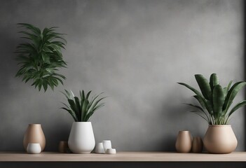 Interior background of room with gray stucco wall and pot with plant 3d rendering