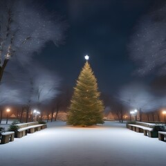 A park with a Christmas atmosphere, a big Christmas tree in the center of the park