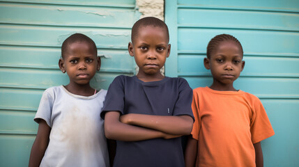 Three Young haitian Friends with Stoic Expressions Outside House - obrazy, fototapety, plakaty