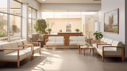 Aesthetic Clinic and Hospital with a Warm and Friendly Lobby and Waiting Room, Infused with Calm Ambiance, Featuring Comfortable Sofas for a Relaxing Healthcare Experience