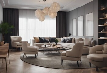 Modern interior of apartment dining room with table and chairs living room with sofa hall panorama