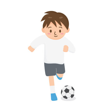 Boy playing football vector illustration. Running or soccer game. Students in physical education class. Students wear sportswear. Used for educational images.