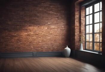 Room with brick wall and glass vase 3d rendering