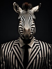 portrait of a zebra wearing clothes with black and white stripes