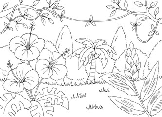 Flower in the jungle rain forest graphic black white landscape sketch illustration vector