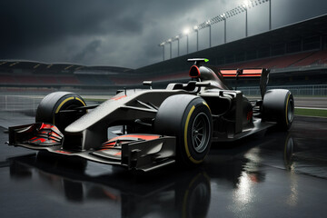 Generative AI illustration of sleek Formula 1 racing car positioned on a wet racetrack under stormy...