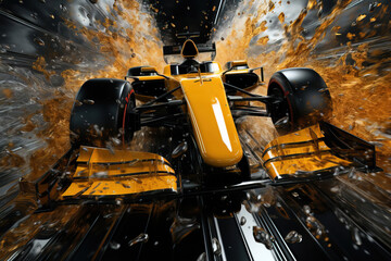 Generative AI illustration of vibrant yellow Formula 1 car dramatically splashing through a cascade of liquid gold capturing motion and intensity
