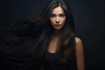 Fototapeta premium The Enigmatic Beauty of a Woman with Flowing Locks Embraced by Darkness