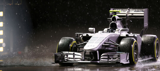 Generative AI illustration of sleek Formula 1 race car in captured under a downpour at night illuminated by city lights in the backdrop
