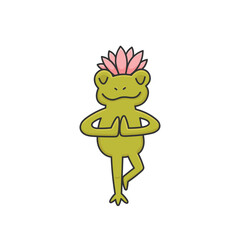 Character Frog with a lotus flower does yoga. Standing in an asana, holding a pose. Calm and relaxation. Funny animal. Cartoon vector illustration isolated on white background