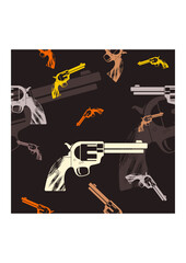 Editable Flat Monochrome Classic Vintage Revolver Gun Vector Illustration Seamless Pattern With Dark Background for Wild Western Culture Design