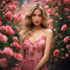 Obraz na płótnie Canvas fashion outdoor photo of beautiful woman with blond hair in elegant pink dress posing in blooming garden with red roses, ai technology