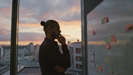 Manager silhouette thinking project sunset room. Business team planning together