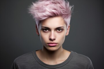 Young girl in her 20' with short pink hair and attitude