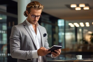 Fototapeta premium A Professional in a Digital World: The Man in the Suit with a Tablet
